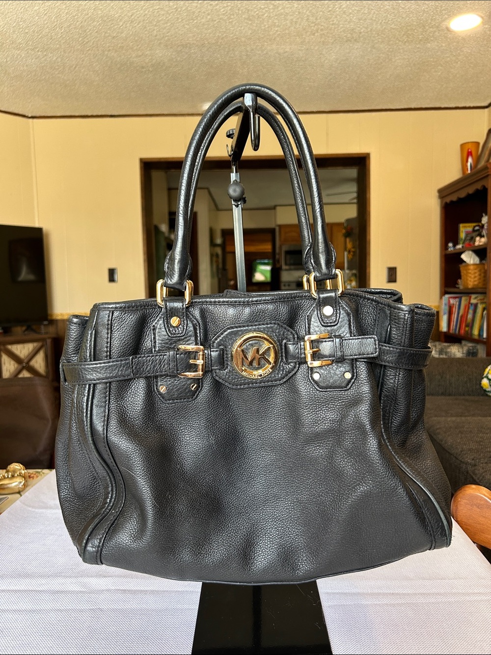 Michael Kors Black Pebbled Leather Satchel with Gold Hardware